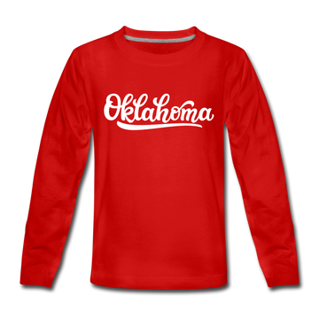 Oklahoma Youth Long Sleeve Shirt - Hand Lettered Youth Long Sleeve Oklahoma Tee - red