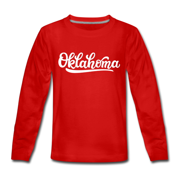 Oklahoma Youth Long Sleeve Shirt - Hand Lettered Youth Long Sleeve Oklahoma Tee - red