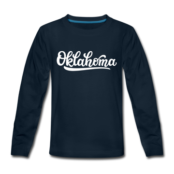 Oklahoma Youth Long Sleeve Shirt - Hand Lettered Youth Long Sleeve Oklahoma Tee - deep navy