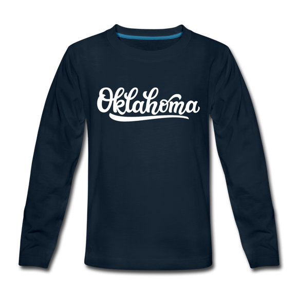 Oklahoma Youth Long Sleeve Shirt - Hand Lettered Youth Long Sleeve Oklahoma Tee - deep navy