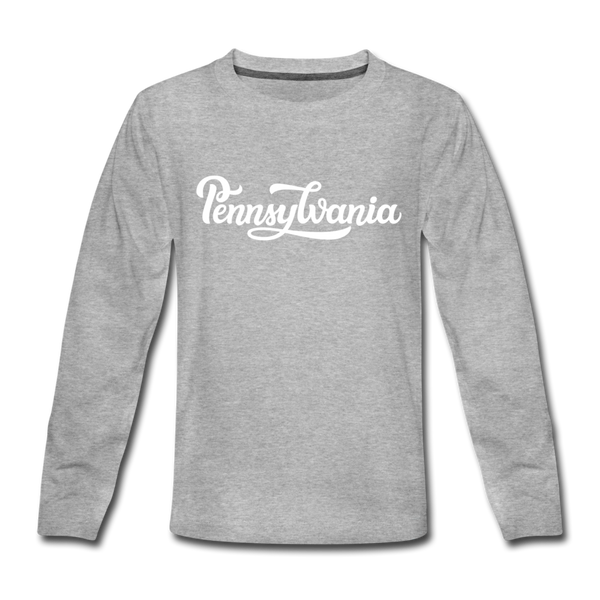 Pennsylvania Youth Long Sleeve Shirt - Hand Lettered Youth Long Sleeve Pennsylvania Tee - heather gray