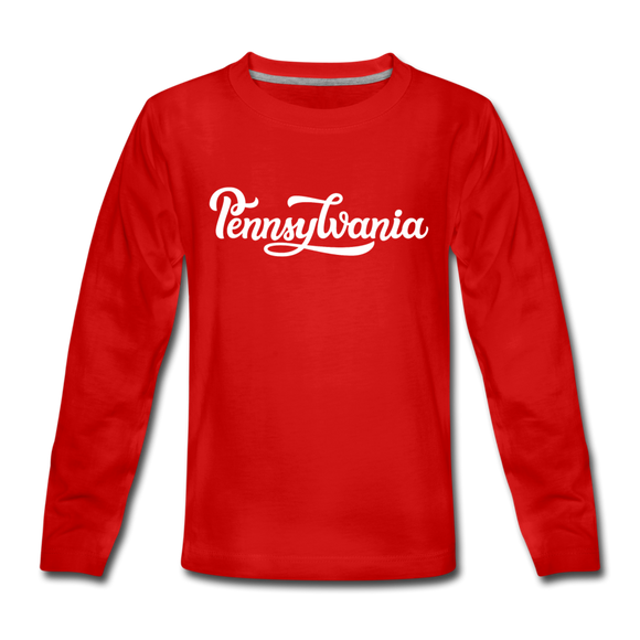 Pennsylvania Youth Long Sleeve Shirt - Hand Lettered Youth Long Sleeve Pennsylvania Tee - red