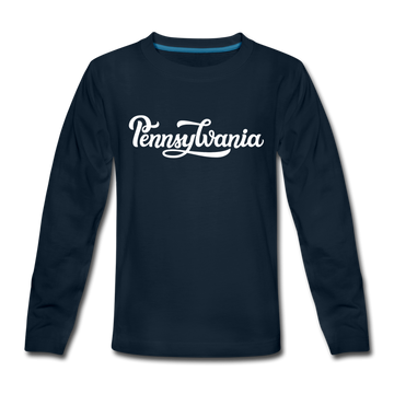Pennsylvania Youth Long Sleeve Shirt - Hand Lettered Youth Long Sleeve Pennsylvania Tee - deep navy