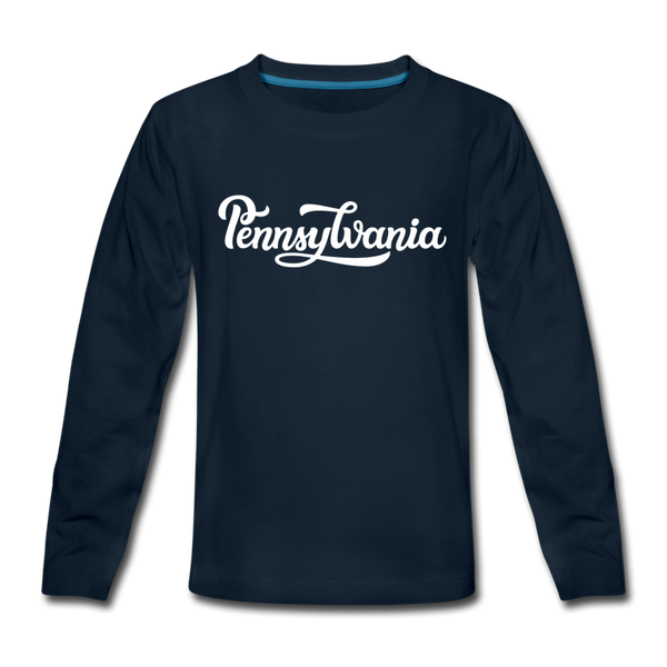 Pennsylvania Youth Long Sleeve Shirt - Hand Lettered Youth Long Sleeve Pennsylvania Tee - deep navy