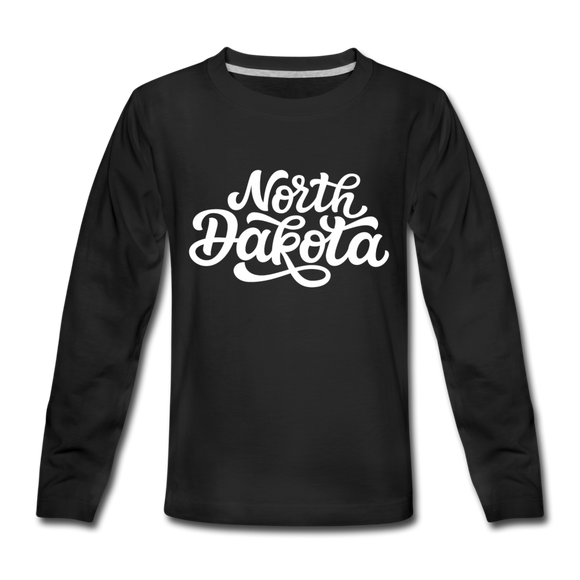 North Dakota Youth Long Sleeve Shirt - Hand Lettered Youth Long Sleeve North Dakota Tee - black