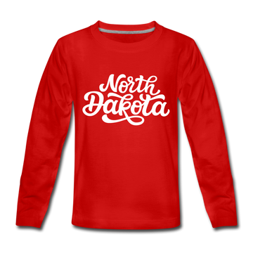 North Dakota Youth Long Sleeve Shirt - Hand Lettered Youth Long Sleeve North Dakota Tee - red
