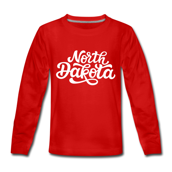 North Dakota Youth Long Sleeve Shirt - Hand Lettered Youth Long Sleeve North Dakota Tee - red