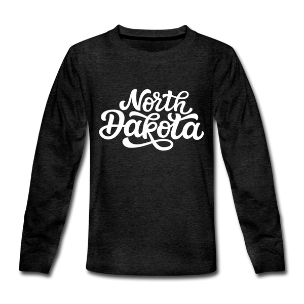 North Dakota Youth Long Sleeve Shirt - Hand Lettered Youth Long Sleeve North Dakota Tee - charcoal gray