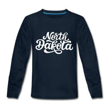 North Dakota Youth Long Sleeve Shirt - Hand Lettered Youth Long Sleeve North Dakota Tee - deep navy