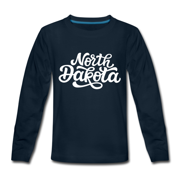 North Dakota Youth Long Sleeve Shirt - Hand Lettered Youth Long Sleeve North Dakota Tee - deep navy