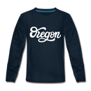 Oregon Youth Long Sleeve Shirt - Hand Lettered Youth Long Sleeve Oregon Tee - deep navy