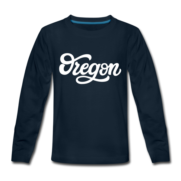Oregon Youth Long Sleeve Shirt - Hand Lettered Youth Long Sleeve Oregon Tee - deep navy