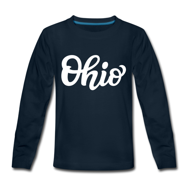 Ohio Youth Long Sleeve Shirt - Hand Lettered Youth Long Sleeve Ohio Tee - deep navy
