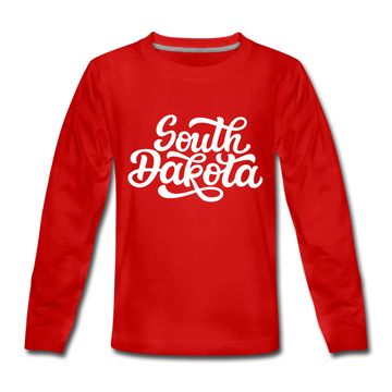 South Dakota Youth Long Sleeve Shirt - Hand Lettered Youth Long Sleeve South Dakota Tee - red