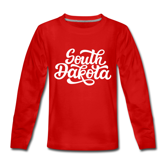 South Dakota Youth Long Sleeve Shirt - Hand Lettered Youth Long Sleeve South Dakota Tee - red