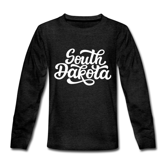 South Dakota Youth Long Sleeve Shirt - Hand Lettered Youth Long Sleeve South Dakota Tee - charcoal gray