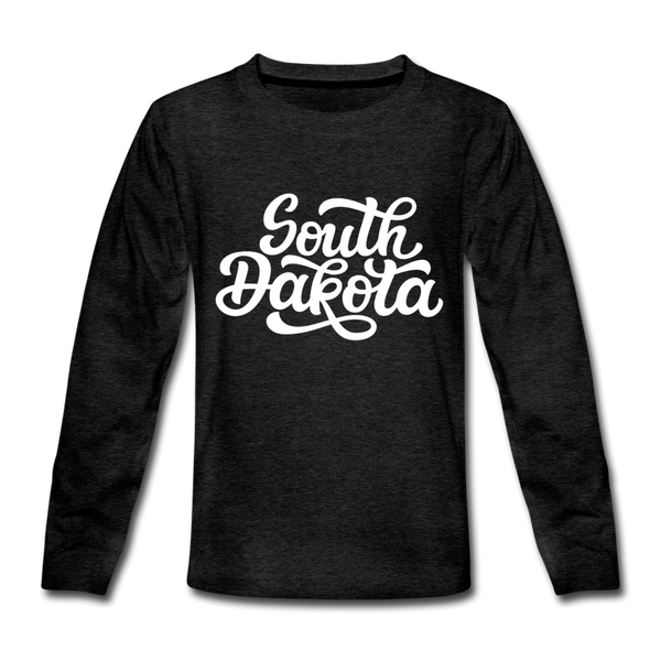 South Dakota Youth Long Sleeve Shirt - Hand Lettered Youth Long Sleeve South Dakota Tee - charcoal gray