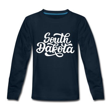 South Dakota Youth Long Sleeve Shirt - Hand Lettered Youth Long Sleeve South Dakota Tee - deep navy