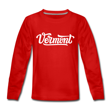 Vermont Youth Long Sleeve Shirt - Hand Lettered Youth Long Sleeve Vermont Tee - red