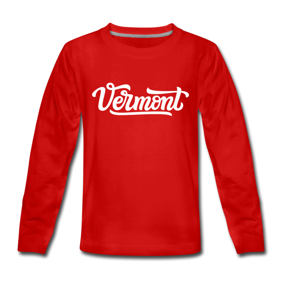 Vermont Youth Long Sleeve Shirt - Hand Lettered Youth Long Sleeve Vermont Tee - red