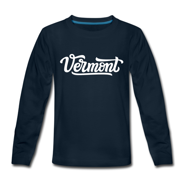 Vermont Youth Long Sleeve Shirt - Hand Lettered Youth Long Sleeve Vermont Tee - deep navy