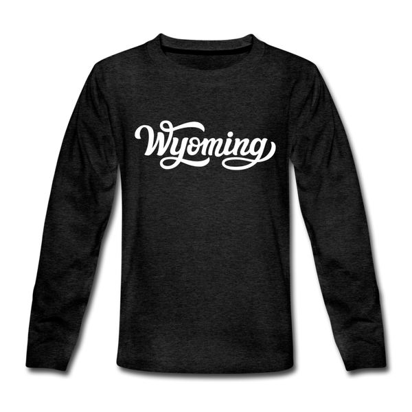 Wyoming Youth Long Sleeve Shirt - Hand Lettered Youth Long Sleeve Wyoming Tee - charcoal gray