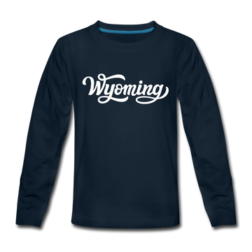 Wyoming Youth Long Sleeve Shirt - Hand Lettered Youth Long Sleeve Wyoming Tee - deep navy