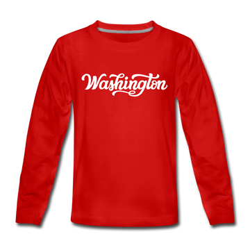 Washington Youth Long Sleeve Shirt - Hand Lettered Youth Long Sleeve Washington Tee - red