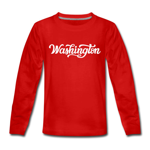Washington Youth Long Sleeve Shirt - Hand Lettered Youth Long Sleeve Washington Tee - red
