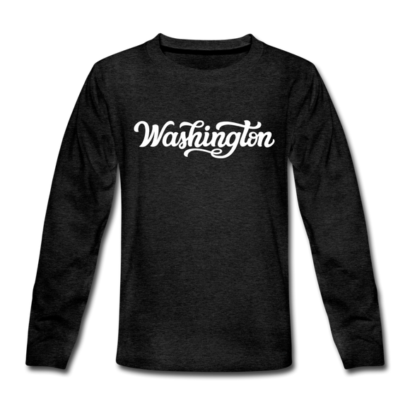Washington Youth Long Sleeve Shirt - Hand Lettered Youth Long Sleeve Washington Tee - charcoal gray