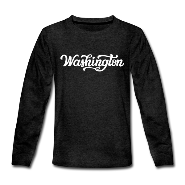Washington Youth Long Sleeve Shirt - Hand Lettered Youth Long Sleeve Washington Tee - charcoal gray