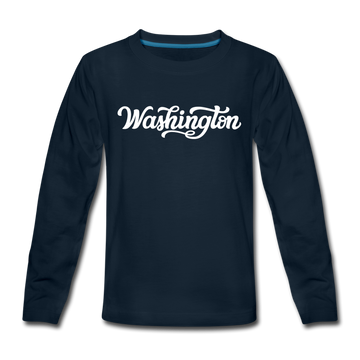 Washington Youth Long Sleeve Shirt - Hand Lettered Youth Long Sleeve Washington Tee - deep navy