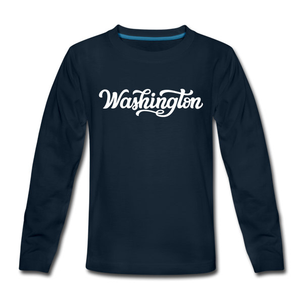Washington Youth Long Sleeve Shirt - Hand Lettered Youth Long Sleeve Washington Tee - deep navy