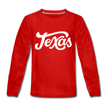 Texas Youth Long Sleeve Shirt - Hand Lettered Youth Long Sleeve Texas Tee - red