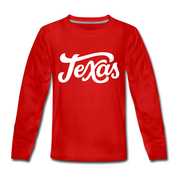 Texas Youth Long Sleeve Shirt - Hand Lettered Youth Long Sleeve Texas Tee - red
