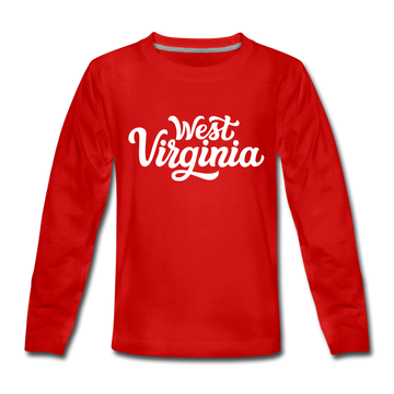 West Virginia Youth Long Sleeve Shirt - Hand Lettered Youth Long Sleeve West Virginia Tee - red