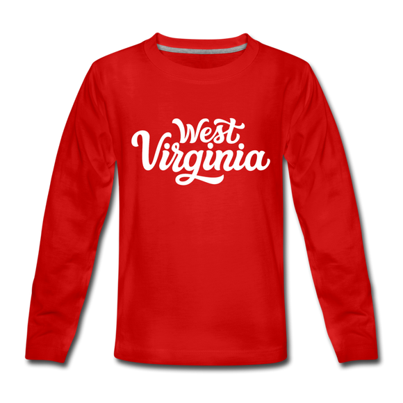 West Virginia Youth Long Sleeve Shirt - Hand Lettered Youth Long Sleeve West Virginia Tee - red