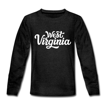 West Virginia Youth Long Sleeve Shirt - Hand Lettered Youth Long Sleeve West Virginia Tee - charcoal gray