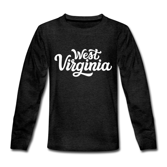West Virginia Youth Long Sleeve Shirt - Hand Lettered Youth Long Sleeve West Virginia Tee - charcoal gray