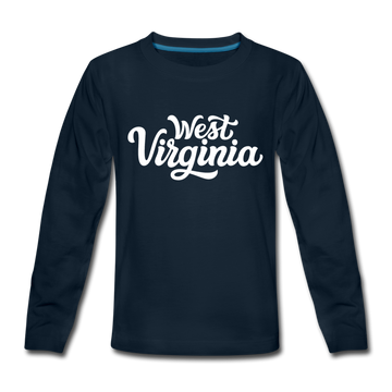 West Virginia Youth Long Sleeve Shirt - Hand Lettered Youth Long Sleeve West Virginia Tee - deep navy