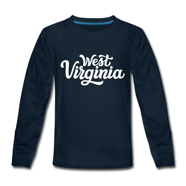 West Virginia Youth Long Sleeve Shirt - Hand Lettered Youth Long Sleeve West Virginia Tee - deep navy