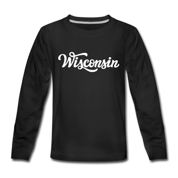 Wisconsin Youth Long Sleeve Shirt - Hand Lettered Youth Long Sleeve Wisconsin Tee - black