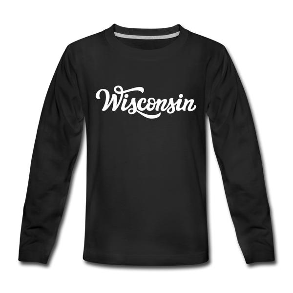 Wisconsin Youth Long Sleeve Shirt - Hand Lettered Youth Long Sleeve Wisconsin Tee - black