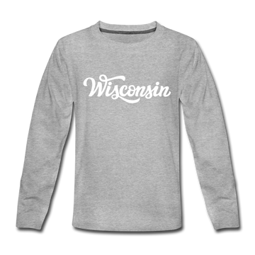 Wisconsin Youth Long Sleeve Shirt - Hand Lettered Youth Long Sleeve Wisconsin Tee - heather gray