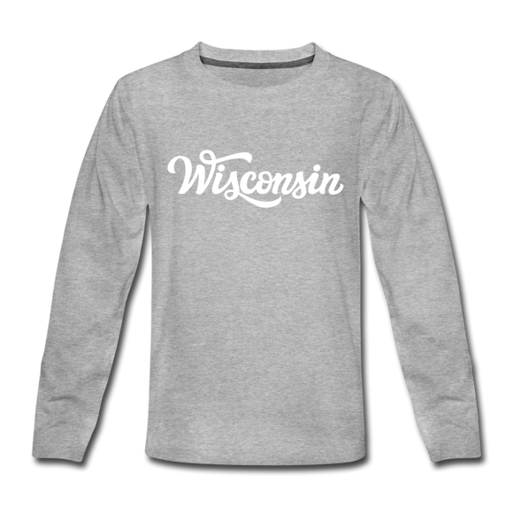 Wisconsin Youth Long Sleeve Shirt - Hand Lettered Youth Long Sleeve Wisconsin Tee - heather gray