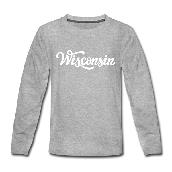 Wisconsin Youth Long Sleeve Shirt - Hand Lettered Youth Long Sleeve Wisconsin Tee - heather gray