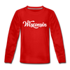 Wisconsin Youth Long Sleeve Shirt - Hand Lettered Youth Long Sleeve Wisconsin Tee - red