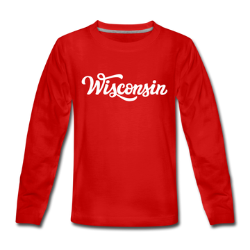 Wisconsin Youth Long Sleeve Shirt - Hand Lettered Youth Long Sleeve Wisconsin Tee - red