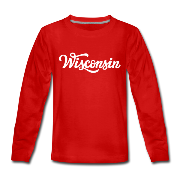 Wisconsin Youth Long Sleeve Shirt - Hand Lettered Youth Long Sleeve Wisconsin Tee - red