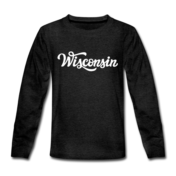 Wisconsin Youth Long Sleeve Shirt - Hand Lettered Youth Long Sleeve Wisconsin Tee - charcoal gray